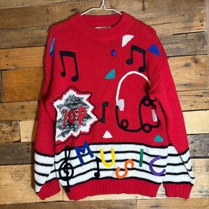 VTG 80s‎ Cherry Stix CSL Sweater Unisex Medium Red Pop Music Notes Headphones